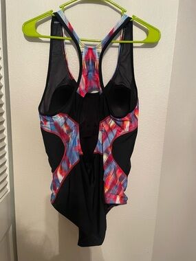 Black One-Piece Swimsuit with Multicolor Abstract Panels